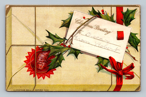 Embossed Santa seal Christmas Bell Series 406 holly envelope postcard