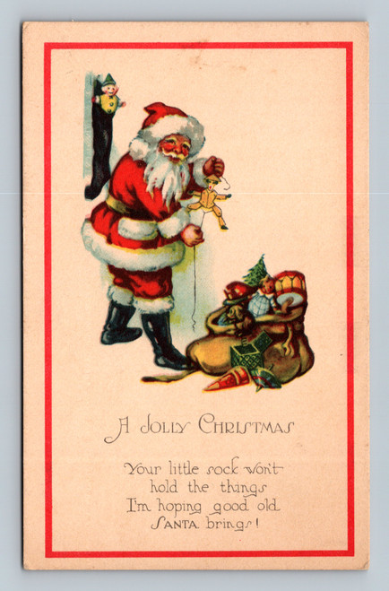 Vintage Santa Claus toy sack stocking A Jolly Christmas postcard