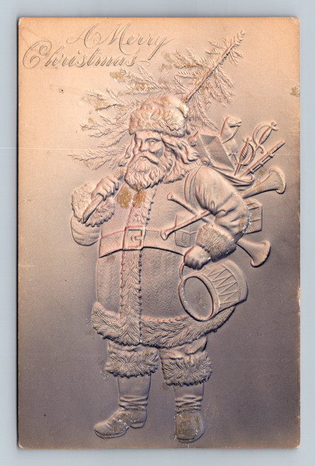 Embossed Santa Claus toy sack drum Christmas tree vintage postcard