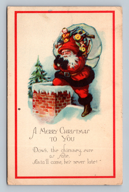 Vintage Santa Claus rooftop chimney toy sack Christmas postcard