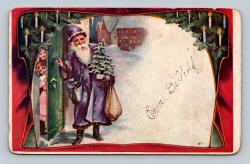 Santa Claus blue robe doorway children vintage Christmas postcard