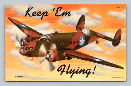Keep Em Flying U.S. Army Air Corps bomber vintage linen postcard