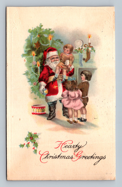 Vintage Santa Claus holding child beside Christmas tree children toy drum postcard