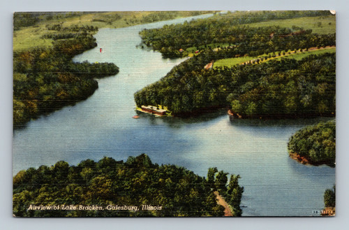 Lake Bracken Galesburg Illinois aerial view linen postcard
