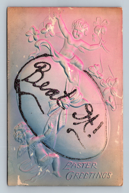 Antique embossed Easter postcard cherubs decorating egg glitter Easter Greetings