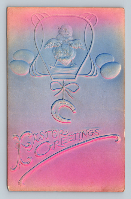 Antique embossed Easter postcard chick in basket eggs Easter Greetings pastel design