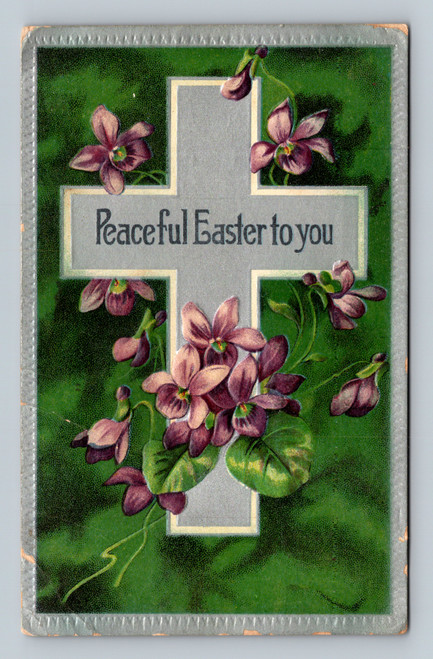 Antique religious Easter postcard cross with violets Peaceful Easter To You