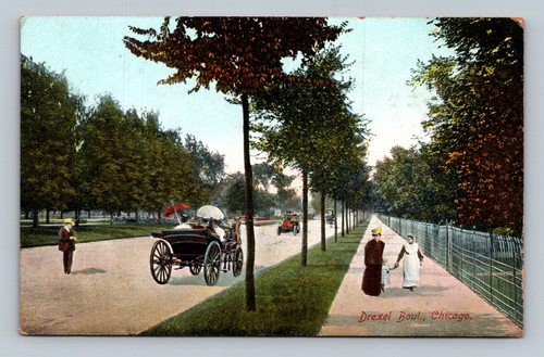 Chicago Drexel Boulevard postcard street scene carriage early automobile