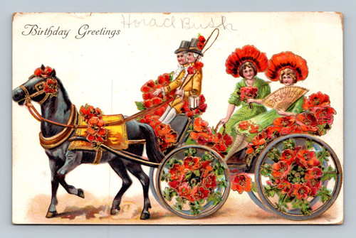 Antique 1908 birthday postcard horse carriage with red flowers divided back