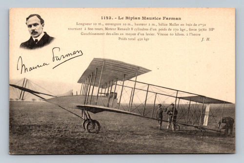 Maurice Farman biplane early aviation pioneer aircraft postcard