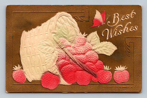 strawberries spilling out of bucket with butterfly