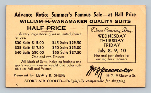 1936 John Wanamaker Philadelphia Pennsylvania advertising postal card for William H Wanamaker suits sale