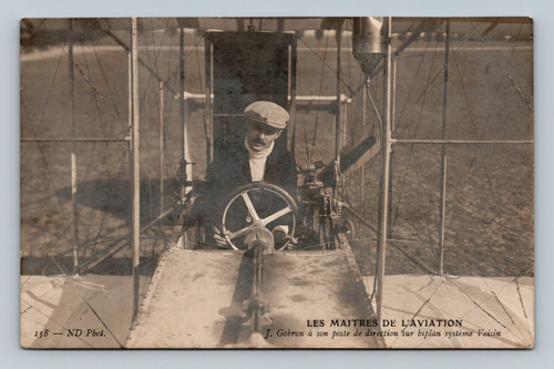 Master of Aviation J. Gobron at controls of biplane Voisin