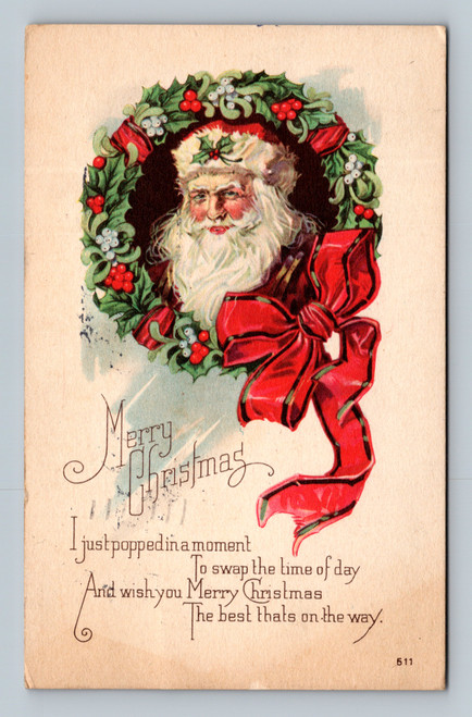 Vintage Santa Claus holly wreath Christmas postcard postmarked 1927 Ithaca NY