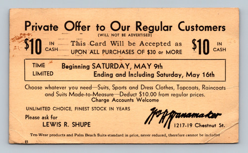 1936 John Wanamaker Philadelphia Pennsylvania advertising postal card private offer coupon for mens clothing sale