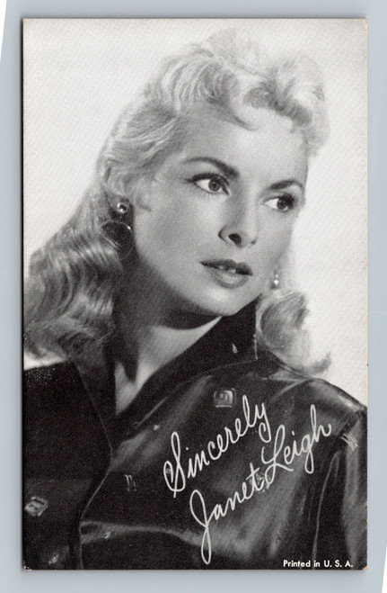 Janet Leigh vintage arcade card black and white glamour portrait facsimile signature