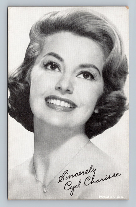 Cyd Charisse vintage arcade card black and white glamour portrait facsimile signature