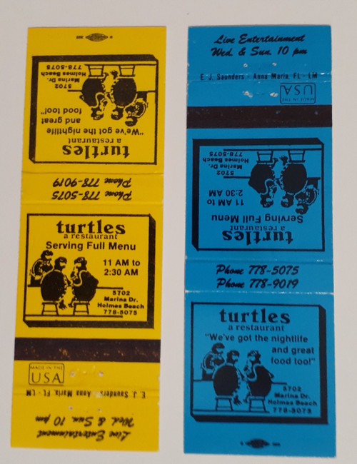blue and yellow matchbook covers for turtle's restaurant