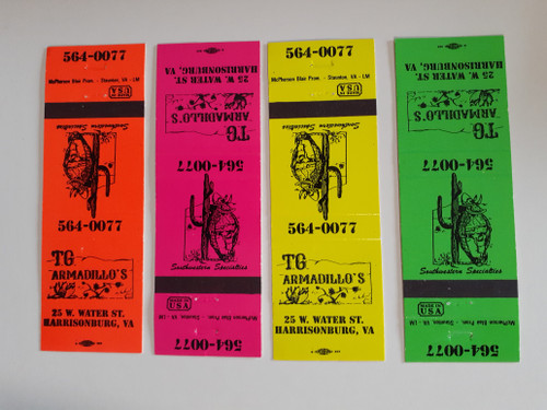 Set of four matchbook covers from TG Armadillo's in Harrisonburg, Virginia. Neon orange, pink, yellow and green
