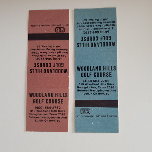two woodland hills golf course matchbook covers blue and mauve