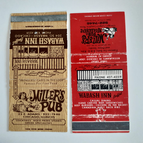 2 vintage matchbook covers for Miller's Pub and Restaurant and the Wabash Inn Buffet in Chicago