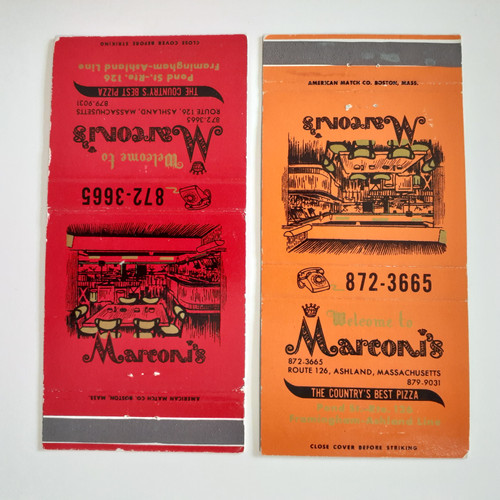 red and orange vintage matchbook covers for Marconi's pizzeria