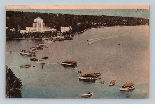 Flamingo Hotel Miami Beach Florida postcard yacht basin boats aerial white border vintage