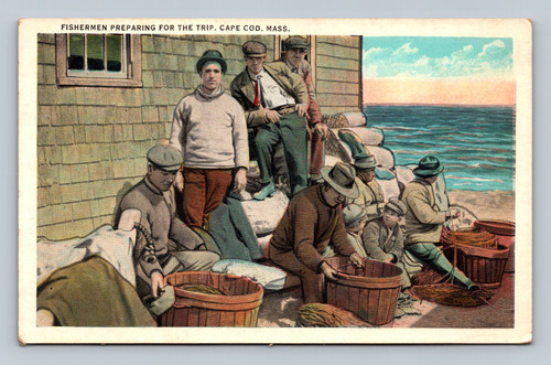 cape cod fishermen preparing trip white border postcard