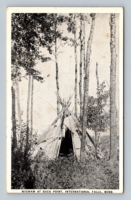 Black and white postcard showing wigwam structure in forest Buck Point International Falls Minnesota