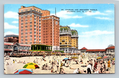 Atlantic City New Jersey Breakers St Charles hotels beach crowd chrome postcard