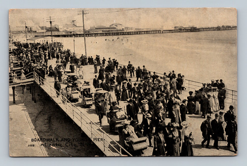 Atlantic City New Jersey Boardwalk Youngs Pier postcard crowd scene 1909