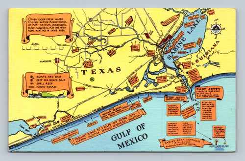 Texas Gulf Coast fishing map postcard Port Arthur Sabine Lake Gulf