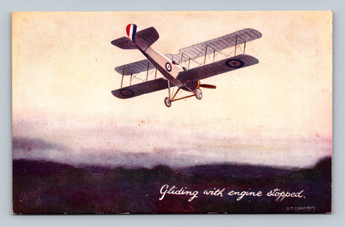 Raphael Tuck aviation postcard biplane gliding engine stopped