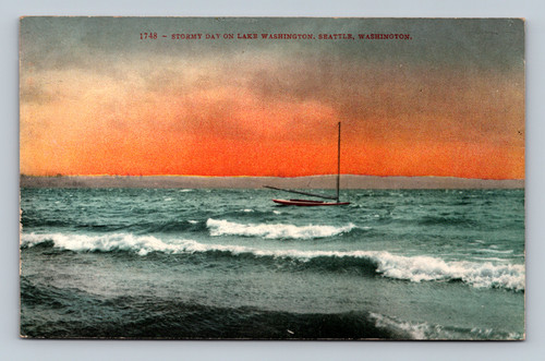 Seattle Washington Lake Washington stormy sailboat antique postcard