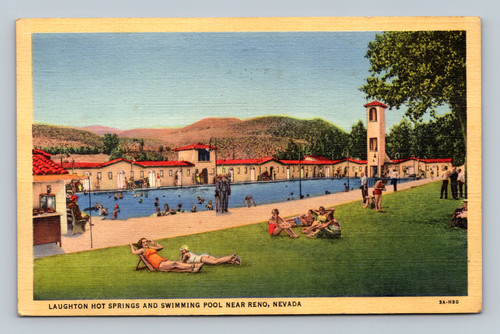 Laughton Hot Springs Reno Nevada linen postcard swimming pool scene 1945