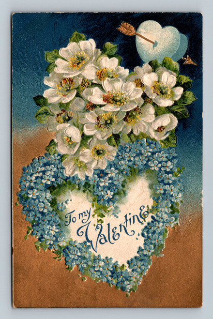 antique valentine postcard blue floral heart arrow design