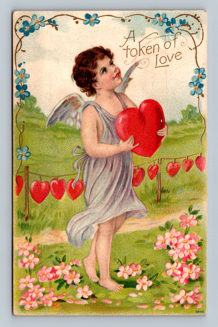 antique valentine postcard cupid holding heart token of love design