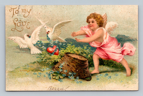 antique valentine postcard cupid reaching doves heart garland