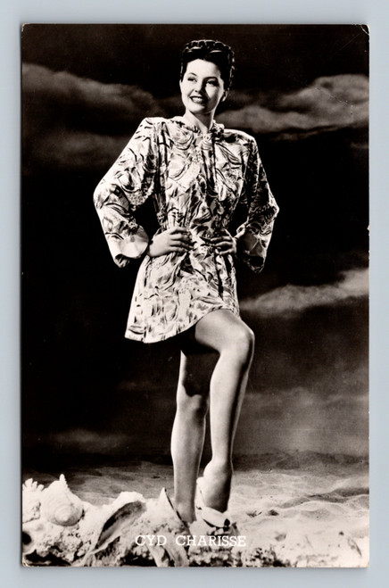 Cyd Charisse full body MGM real photo postcard vintage actress in beach robe