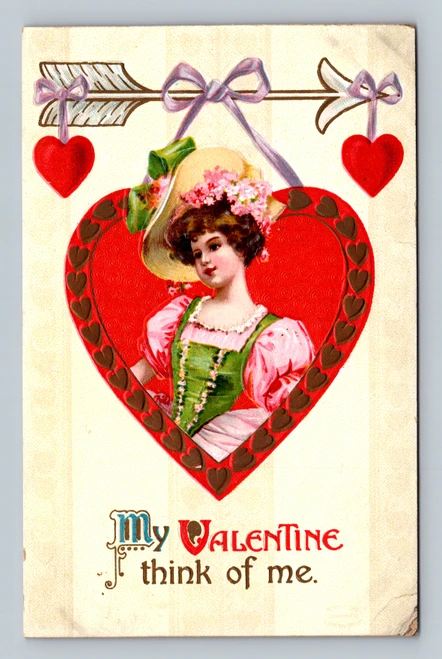 antique valentine postcard lady portrait in heart embossed german design