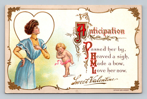 antique valentine postcard anticipation verse lady cupid 1909 design