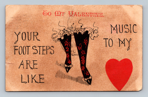 antique comic valentine postcard stockings legs footsteps design