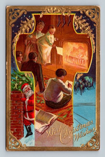 Antique Christmas postcard children fireplace Santa story embossed holly