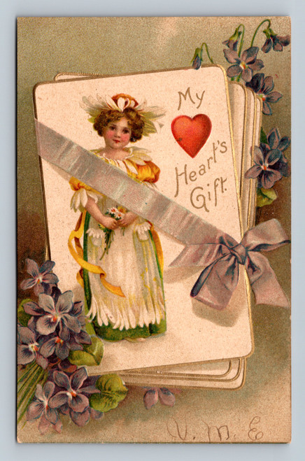 antique valentine postcard girl heart gift embossed germany iap