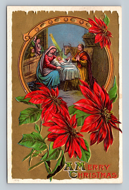 embossed nativity christmas postcard poinsettia gold background antique