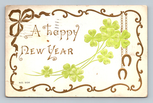 1912 new year postcard shamrock horseshoe good luck antique