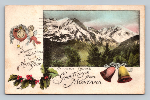 Spanish Peaks Montana Christmas postcard bells holly scenic mountains