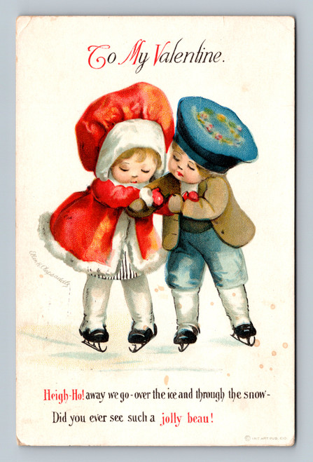 ellen clapsaddle valentine postcard children ice skating winter scene