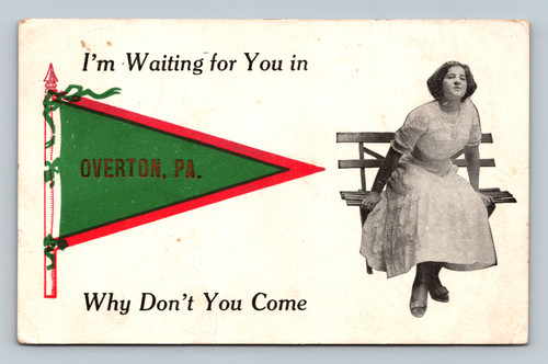 Woman waiting on bench Overton PA Pennant postcard