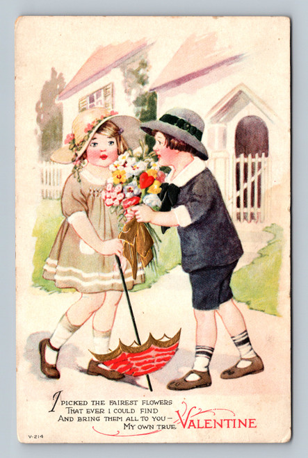 vintage valentine postcard children flowers umbrella scene
